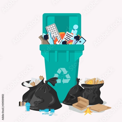Plastic Garbage bin full of trash. Waste recycling and management. Can full of overflowing trash, plastic bags with box, papers, glass, bottles, e-waste. Cleaning city banner template. Household waste