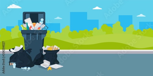Plastic Garbage bin full of trash. Waste recycling and management. Can full of overflowing trash, plastic bags with box, papers, glass, bottles, e-waste. Cleaning city banner template. Household waste