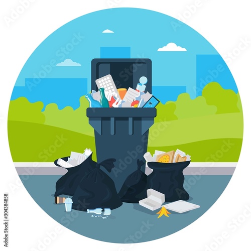 Plastic Garbage bin full of trash. Waste recycling and management. Can full of overflowing trash, plastic bags with box, papers, glass, bottles, e-waste. Cleaning city banner template. Household waste