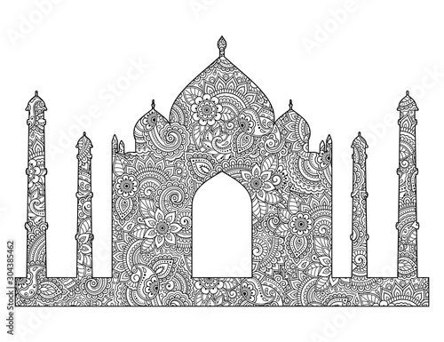 Silhouette of the Taj Mahal are filled with flowers in mehndi style. Islamic mausoleum in India. Muslim mosque architectural structure. Vector illustration. Coloring book page.