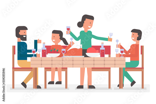 happy family having meal together, Thanksgiving celebration isolated on white background. character cartoon flat vector illustration.
