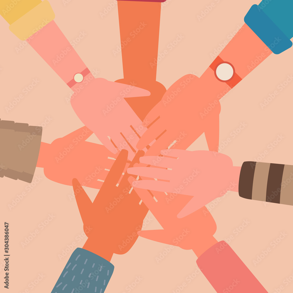 Diversity of young people putting hands together in circle shape, unity teamwork, community, cooperation, and partnership support concept. cartoon flat vector illustration Stock Vector | Adobe Stock Diversity of young people putting hands together in circle shape, unity teamwork, community, cooperation, and partnership support concept. cartoon flat vector illustration Stock Vector | Adobe Stock