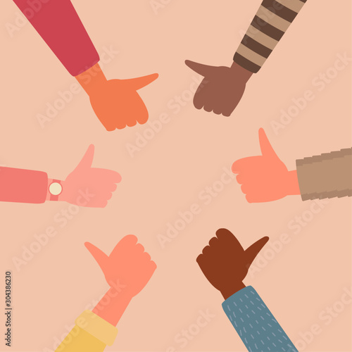 young people hands thumb up together in circle shape, unity teamwork, community, cooperation, and partnership support concept. flat cartoon vector illustration