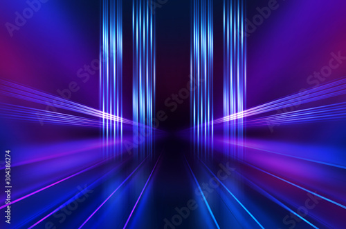 Empty dark abstract background. Background of an empty show scene. Glow of neon lights on an empty stage.
