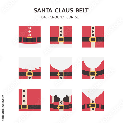 collection set of Merry Christmas text poster banner card on Santa Claus red coat belt background. vector flat illustration.