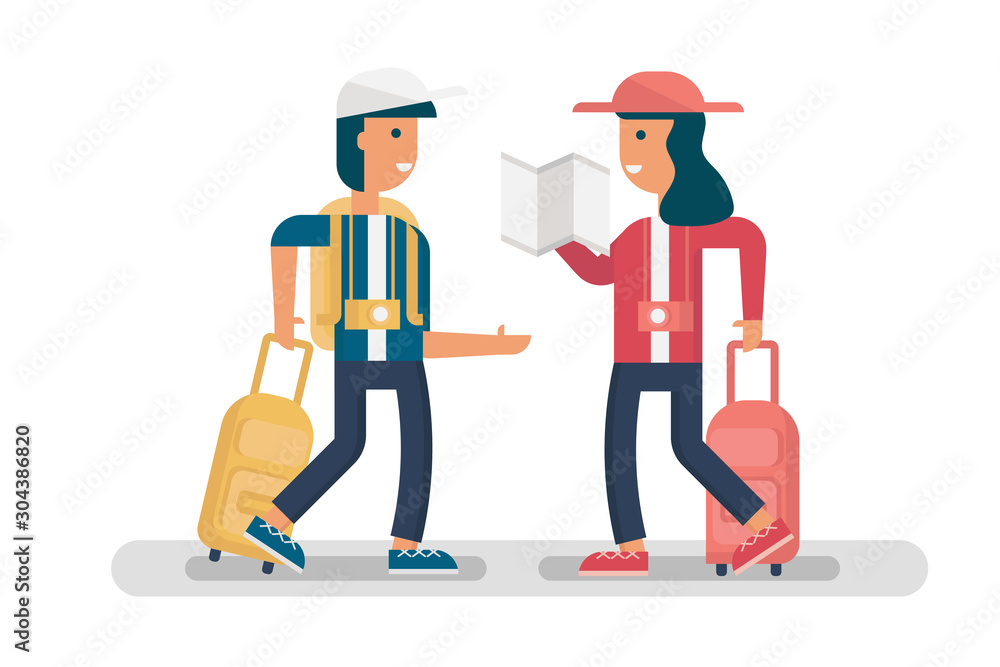 happy couple, young backpacker with map, camera and luggage travel on road trip head on theirs destination on holiday. cartoon character flat design vector illustration style. happy couple, young backpacker with map, camera and luggage travel on road trip head on theirs destination on holiday. cartoon character flat design vector illustration style.