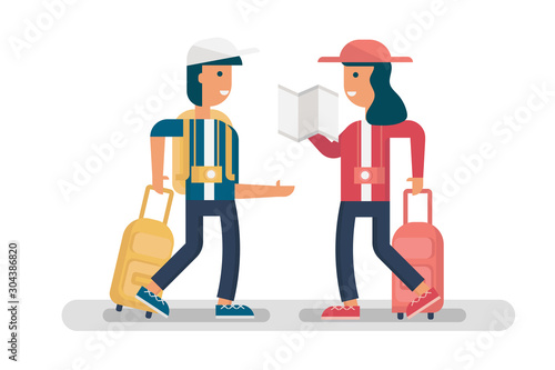 happy couple, young backpacker with map, camera and luggage travel on road trip head on theirs destination on holiday. cartoon character flat design vector illustration style.