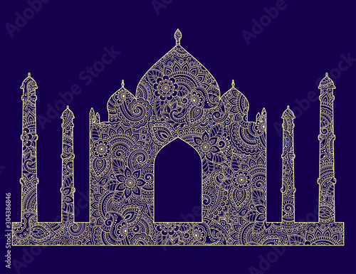 Silhouette of the Taj Mahal are filled with flowers in mehndi style. Islamic mausoleum in India. Muslim mosque architectural structure. Vector illustration. Gold on blue background.