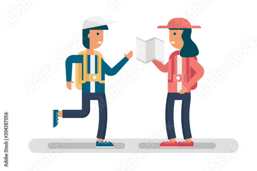 two happy young backpacker with map, camera travel on road trip head on theirs destination on holiday. cartoon character flat design vector illustration style.