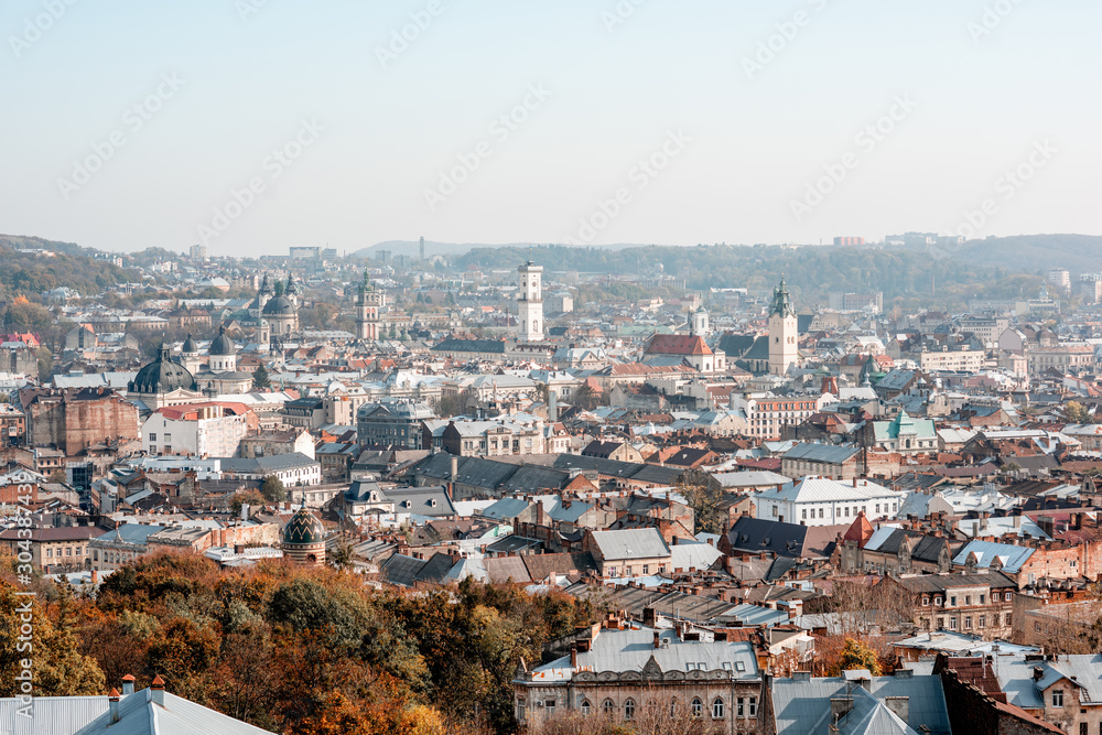 Cityscape skyline view on the old town of Lviv city during the sunny autumn in Ukraine