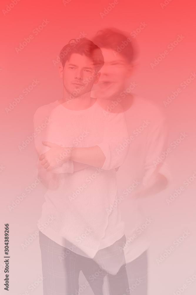 Mental Health Concept With Portrait Of Young Man Combined With Ghosted Image Of Him Shouting Mental Health Concept With Portrait Of Young Man Combined With Ghosted Image Of Him Shouting