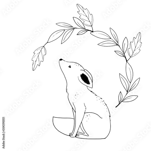 Cute line fox with floral branch. Vector illustration of line fox and floral.