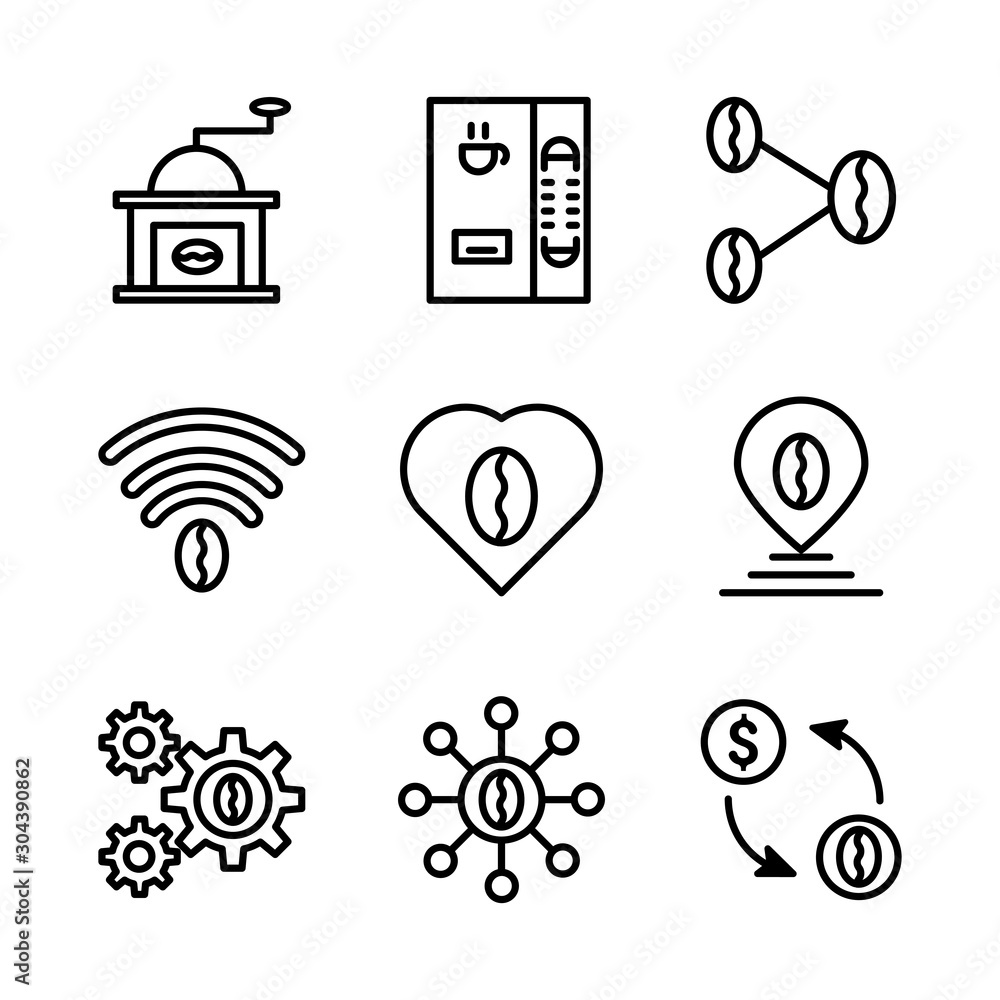 Basic vector coffee icon include grinder, cafe, machine, vending, drink, link, restaurant, pin, shop, location, setting, network, organization, business, money, exchange, transaction Basic vector coffee icon include grinder, cafe, machine, vending, drink, link, restaurant, pin, shop, location, setting, network, organization, business, money, exchange, transaction
