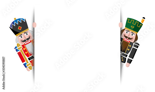 Two traditional German Christmas nutcrackers look behind white billboard isolated over white color background - Vector illustradion