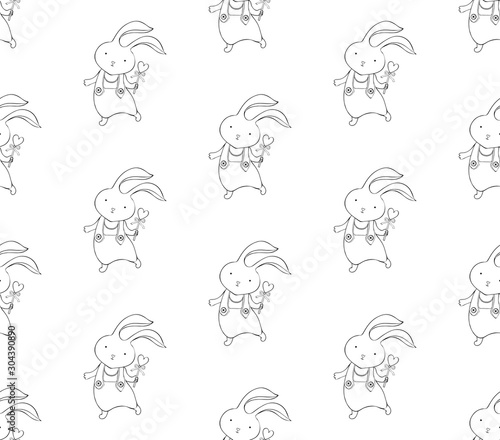 Seamless pattern with cute rabbit in vector. artoon little bunny boy. Vintage hand drawn. Kawaii funny animal. Happy character. Children s holiday background. Black and white art line.