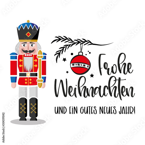 Frohe Weihnachten - Grußkarte mit Nussknacker, Tannenzweig und Christbaumkugel
