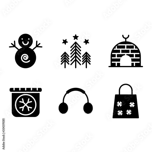 Basic winter icon include snowman, winter, frozen, snow, forest, nature, tree, igloo, ice, house, eskimo, cool, calendar, season, earphone, earmuffs, bag, discount