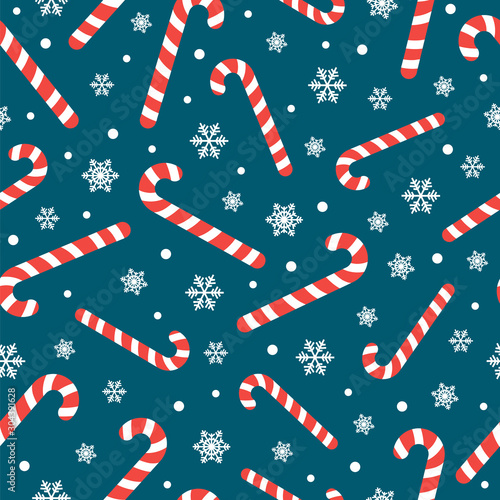 seamless pattern with christmas candy cane caramel and snowflakes, endless background, repeating texture