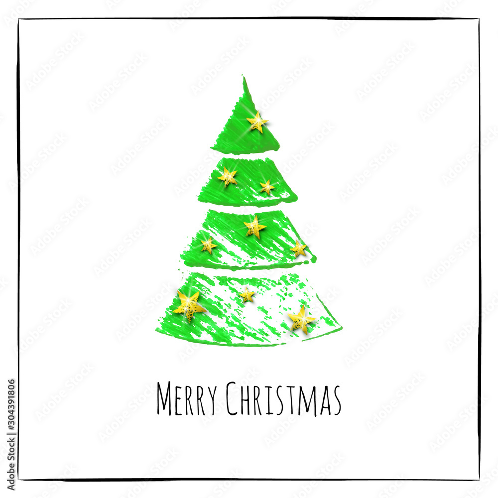 Realistic paint christmas tree with golden stars Realistic paint christmas tree with golden stars