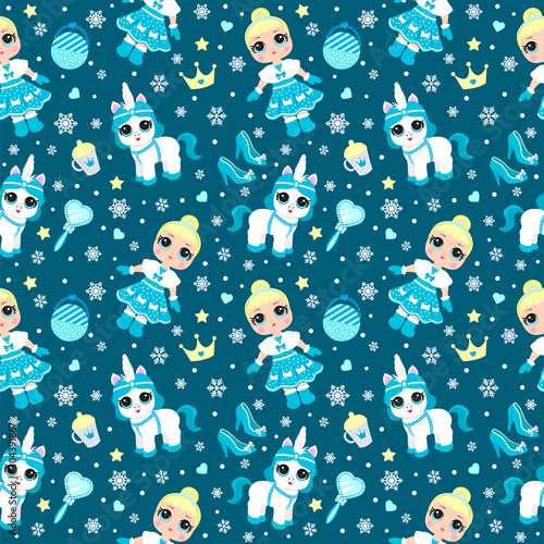 Cute little winter princess and her pet seamless pattern. elements with a cold queen and her accessories, castle and snow. vector