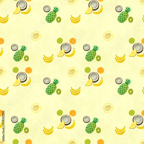 Hand drawn seamless pattern. Summer background with exotic fruits.