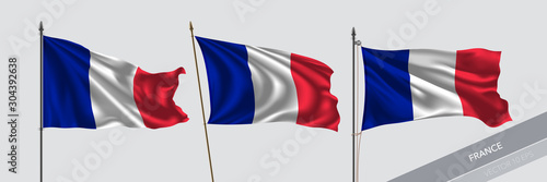 Set of France waving flag on isolated background vector illustration
