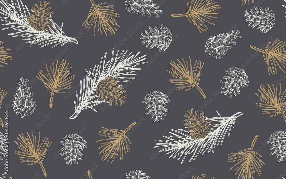 Hand drawn seamless pattern with pine cones and branches. Vector Hand drawn seamless pattern with pine cones and branches. Vector