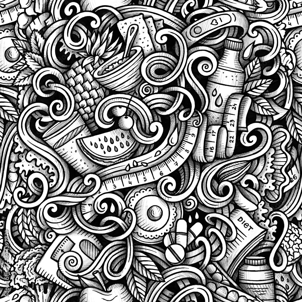 Diet vector hand drawn doodles seamless pattern. Graphics background design. Diet vector hand drawn doodles seamless pattern. Graphics background design.