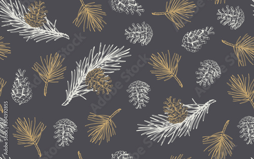 Hand drawn seamless pattern with pine cones and branches. Vector