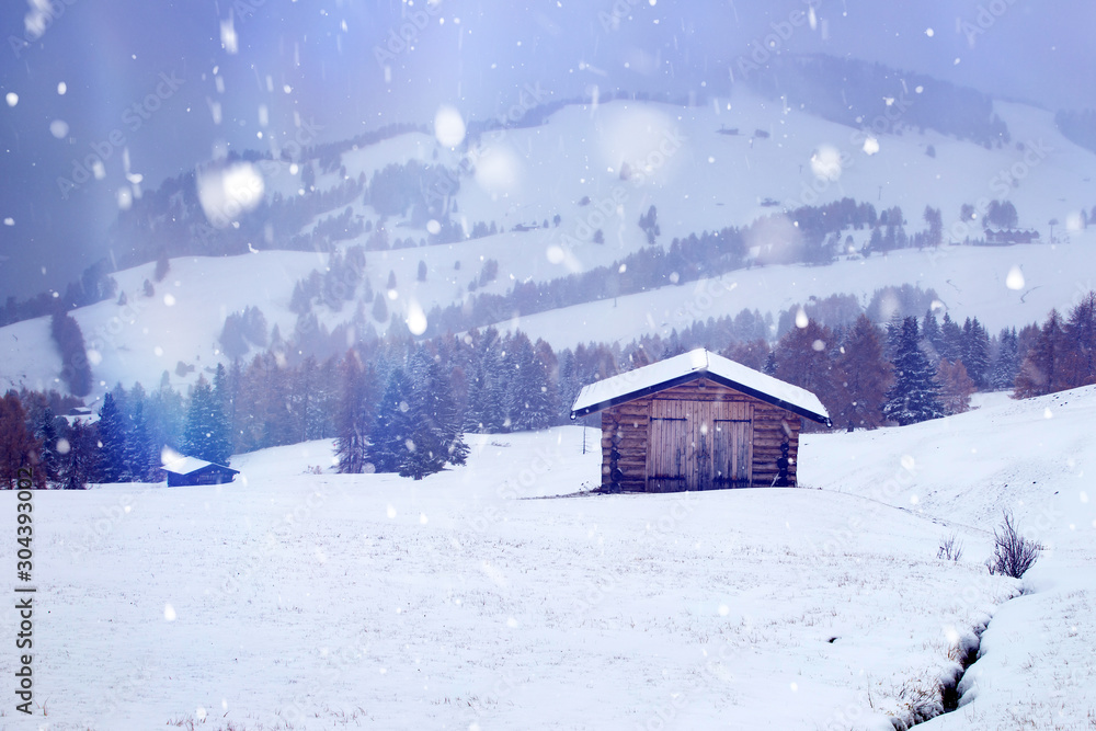 Snowfall at Alpe de Siusi in the sunset.