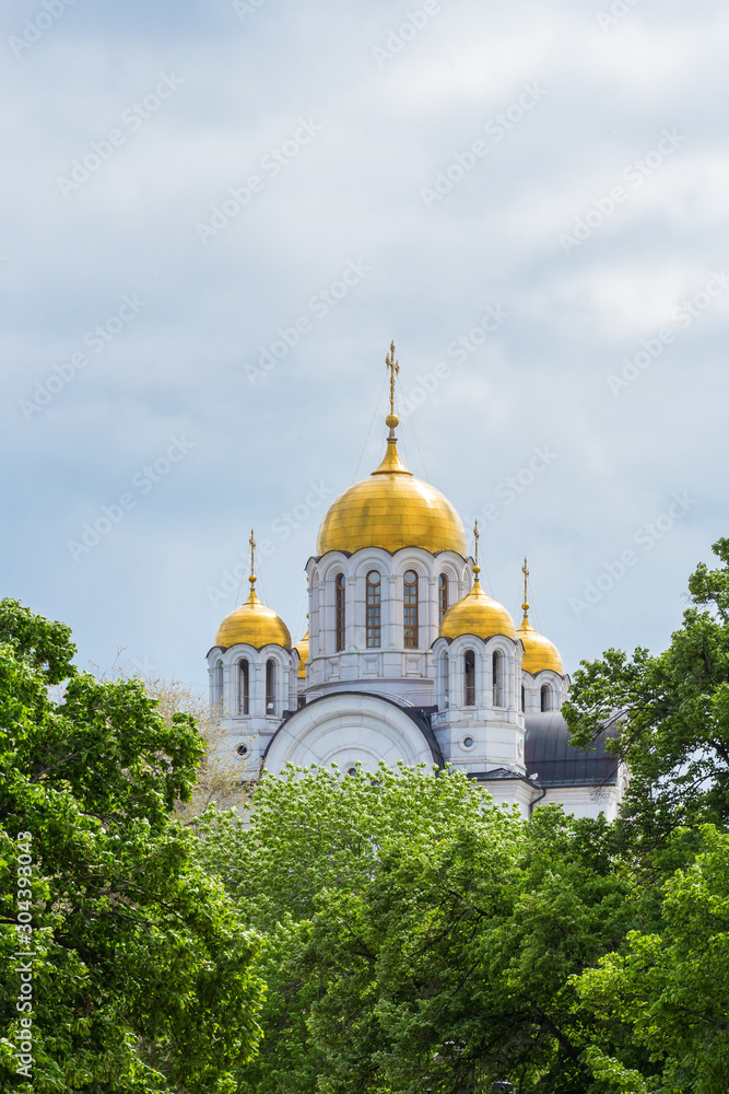 Church of St. George the Victorious in greenery in Samara