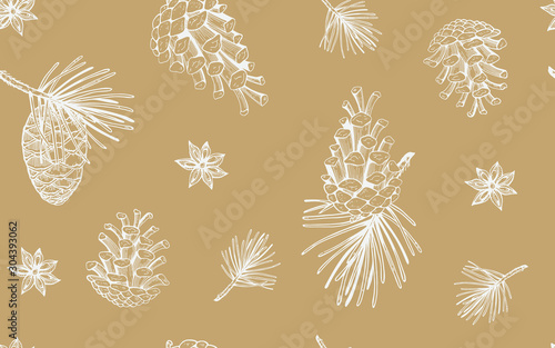 Hand drawn seamless pattern with pine cones and branches. Vector