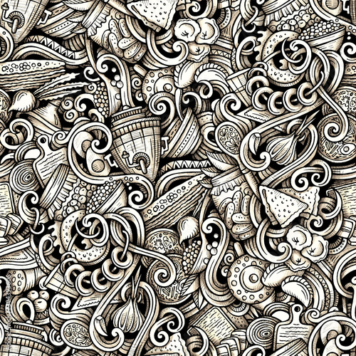 Russian food vector hand drawn doodles seamless pattern.