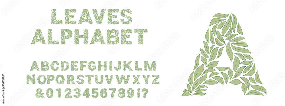Ornamental green leaves alphabet isolated on white background and example of using. Vector illustration - obrazy, fototapety, plakaty 