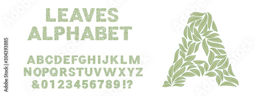 Fototapeta Ornamental green leaves alphabet isolated on white background and example of using. Vector illustration