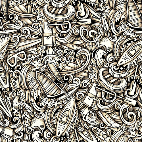 Water extreme sports vector hand drawn doodles seamless pattern.