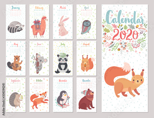 Calendar 2020 with Woodland characters. Cute forest animals.