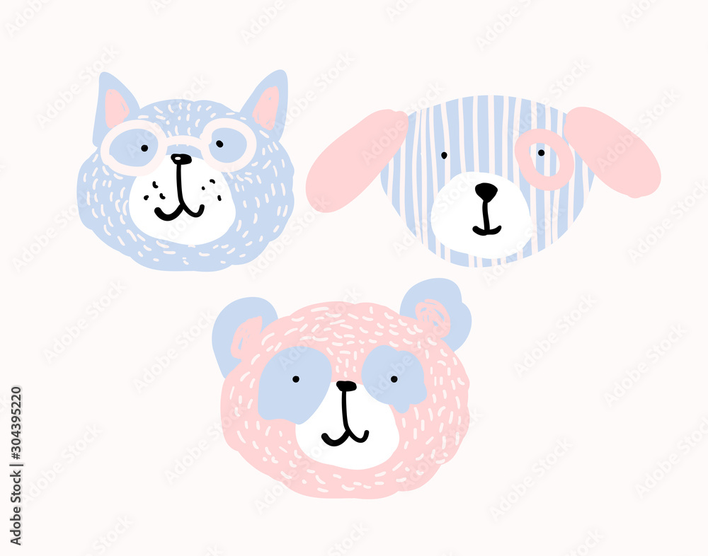 Set of cute animal faces in pastel colors. Portrait of a cat, puppy, panda in a flat style. Naive pet character. Sticker for children, blank for design cards, children s application. Stock vector
