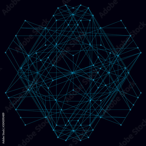 Abstract geometric shape of their blue lines on a dark background with luminous lights. Vector illustration