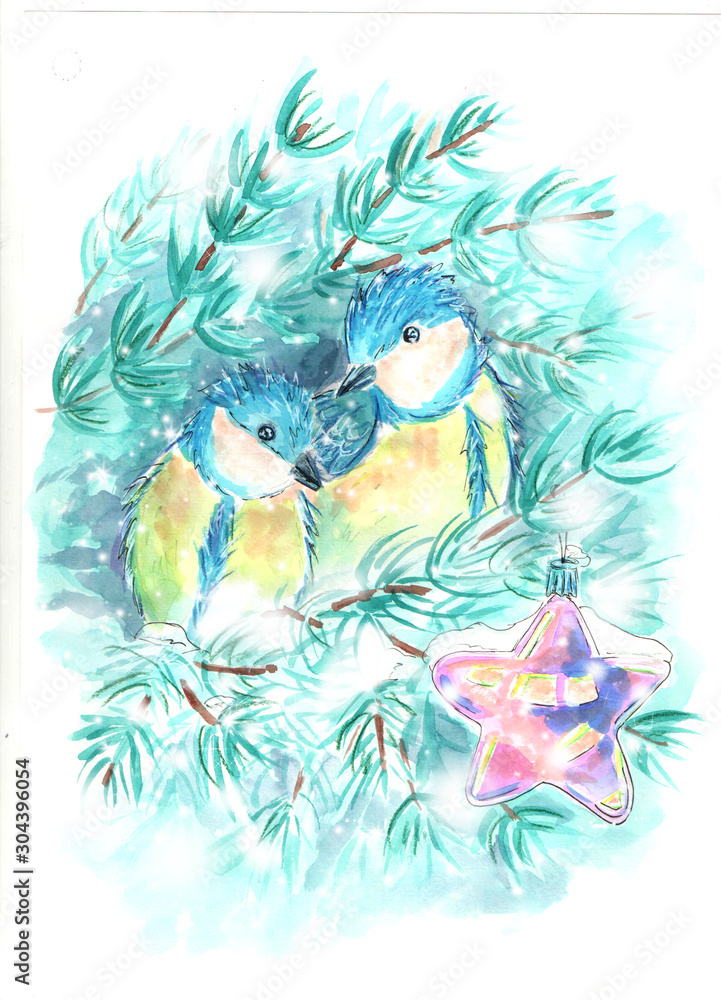 Watercolor illustration in delicate colors. Two tits in snowy fir branches and a pink Christmas toy.