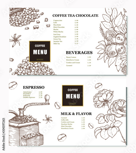Coffee illustration. Hand drawn vector banner. Coffee beans, leaves, branch, Menu