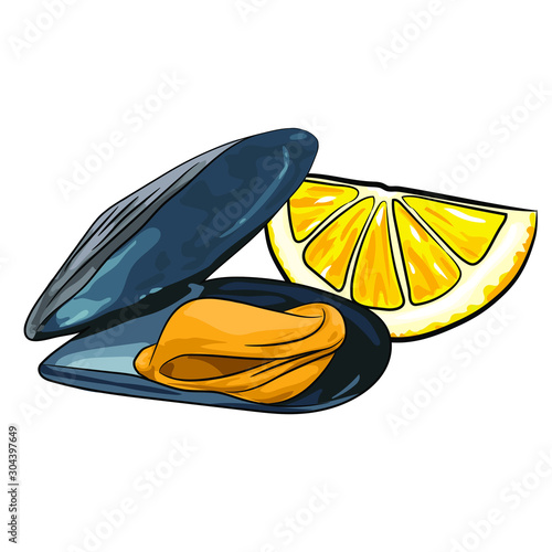 Hand drawn cartoon style vector illustration of mussel with lemon