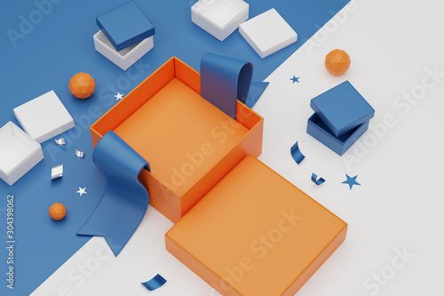 3d rendering unboxing Gift Boxes. Open empty gift box and accessories, online shopping concept.