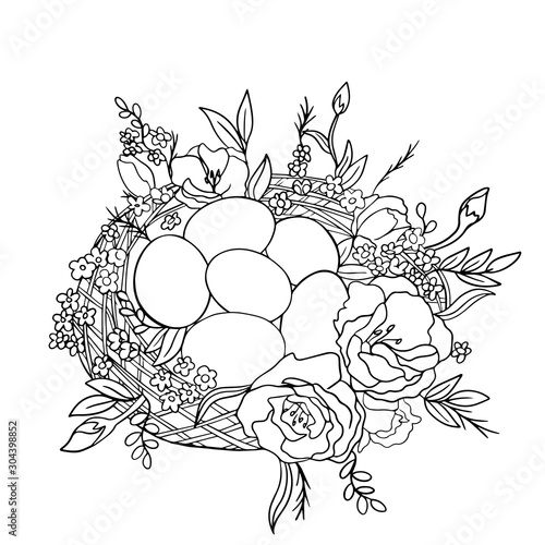 vector illustration coloring nest, black and white drawing on a white background, eggs with flowers in a wicker nest.