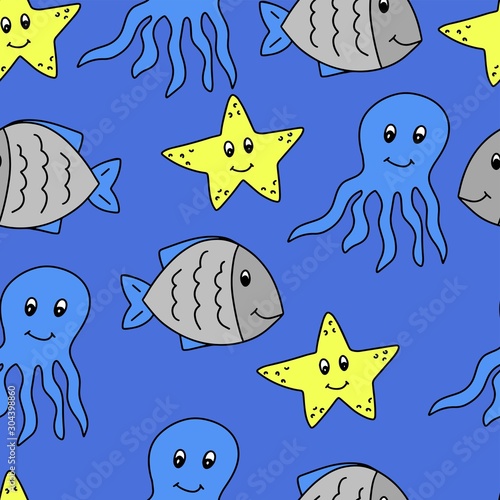  vector illustration marine pattern octopus  fish  star. on a blue background. cover  children s textiles