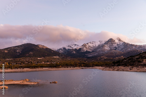 Sunrise from the wall of the Navacerrada reservoir in Madrid