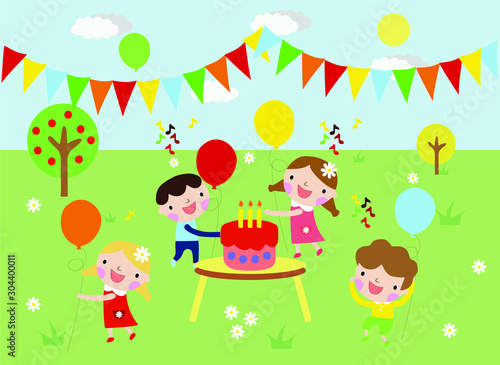 children celebrate birthday on nature, vector illustration