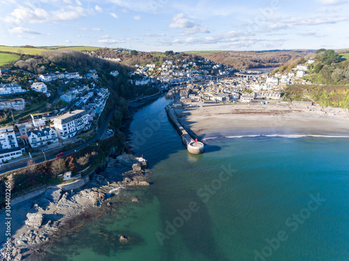 Aerial view of Looe harbour and beach