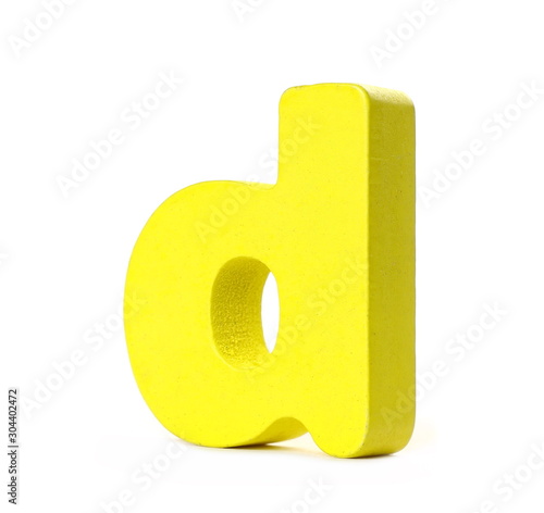 Yellow wooden alphabet letter d isolated on white background