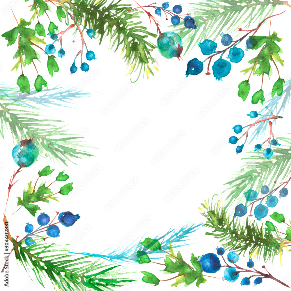  Christmas watercolor card with spruce and berries. Happy New Year card, posters. Hand drawn christmas illustration. Painted backdrop. Greeting card. Holiday drawin. Branches of trees